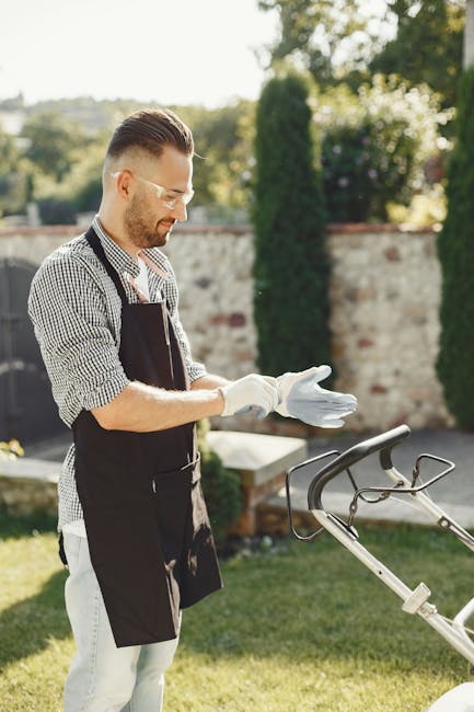 A gardener, dressed in a blue shirt and jeans, is using pruning shears with long handles to trim a dense, trimmed hedge in a garden. The hedge consists of small, green, glossy leaves, and the soil ben
